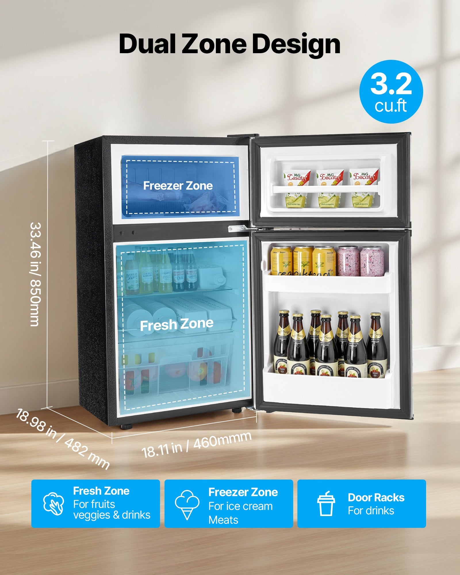 Mini Fridge With Freezer, 3.2 Cu.Ft, Two Door Compact Refrigerator, Adjustable Temperature, Shelf, Energy Efficient Small Fridge, Reversible Door, Low Noise, For Bedroom, Dorm, Office, Black